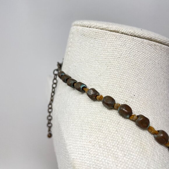 Brass Hollow Bead Necklace Long Length Patina Boho Vintage Hippie - Picture 7 of 10